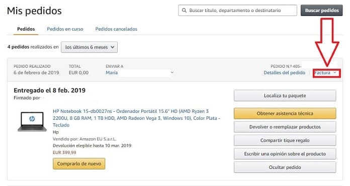 pasos para pedir facturas de Amazon 2