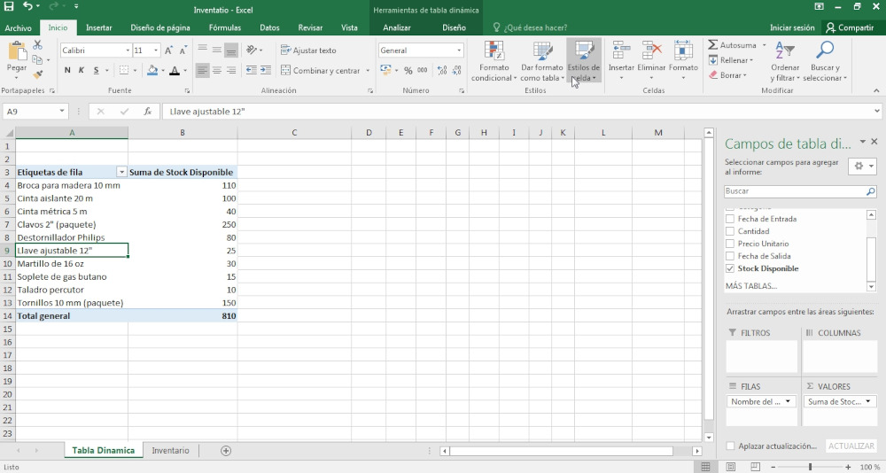 Control De Inventarios con Tablas Dinámicas paso 5