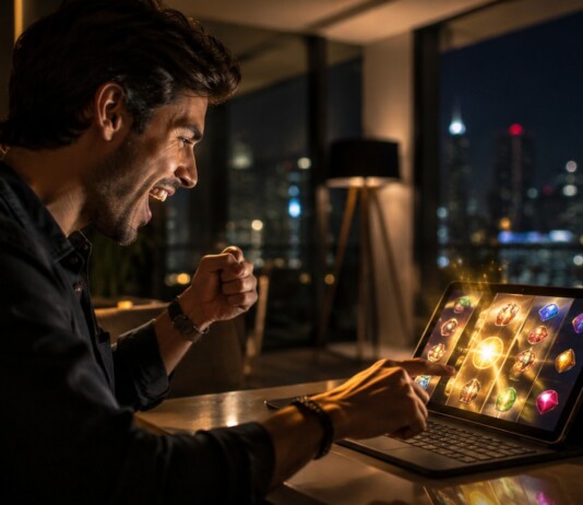 Samsung pierde liderazgo bursátil y los slots muestran presión digital Hombre jugando a una tragamonedas en línea desde una tableta