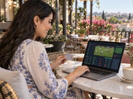 Cómo gestionar los pagos digitales en una plataforma de apuestas Mujer usando una tarjeta bancaria mientras consulta apuestas deportivas en su portátil