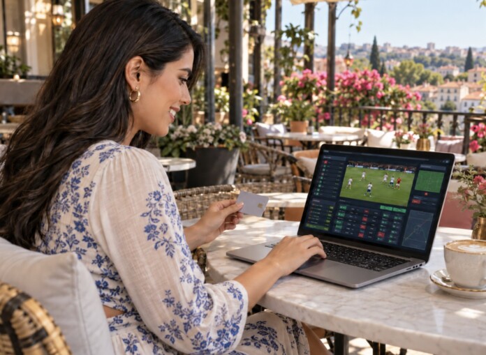 Cómo gestionar los pagos digitales en una plataforma de apuestas Mujer usando una tarjeta bancaria mientras consulta apuestas deportivas en su portátil